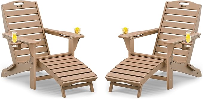 Folding Adirondack Chairs Set of 2,Adirondack Chair with Retractable Ottoman,Plastic Adirondack Chairs with 2 Cup Holder,Weather Resistant Patio Chair,Outdoor Chairs Set of 2(Teak)