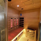 3-Person Far Infrared & Steam Dual-System Sauna Room, Outdoor Canadian Hemlock Wood Sauna, WiFi Control, Red Light Therapy, 11 Heaters& Electric Stove, Left Door, 220-240V