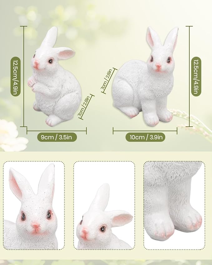 1 Pair Garden Statues Bunny Decor Resin Rabbit Figurine Cute Fairy Garden Decor Outdoor Statues for Patio Yard Porch Balcony Gifts for Women Mom Grandma White