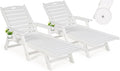 nalone Outdoor Chaise Lounge Chair Set of 2 with Wheels & Cup Holder, HDPE Pool Lounge Chairs with 5-Position Adjustable Backrest Supports Up to 400 LBS for Patio Poolside Deck Beach Backyard (White)