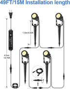 Low Voltage Landscape Lights 4 Pack, 49ft Cable Spotlight Outdoor with 12V Transformer, IP65 Waterproof Plug in Spot Lights 2700K Warm White for Yard, Plant, Lawn, Tree, Flags, Garden