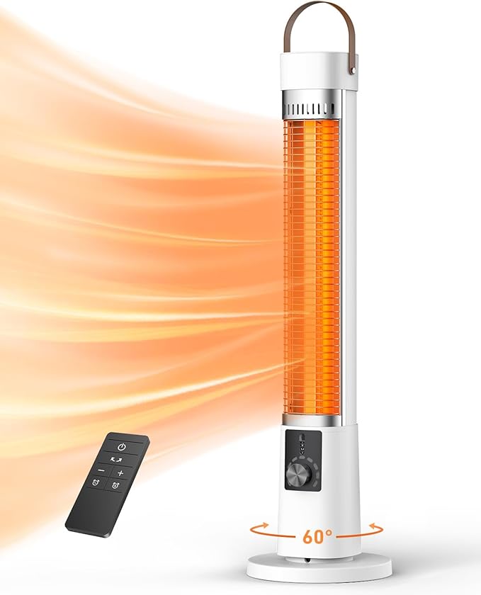 Outdoor Heater for Patio, 1500W Infrared Electric Heaters Indoor w/Remote, 60° Oscillation, 9H Timer, 9 Heat Level, Tip-Over/Overheating Protection, Safety Lock, for Garage Porch Office Pearl