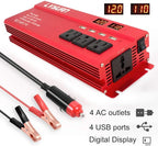 Yinleader Car Power Inverter 1000W/2000W(Peak) DC 12V to 110V AC Converter with Intelligent LED Display 4 AC Outlets 4 USB Charger for RV Caravan Truck Laptop(Red)