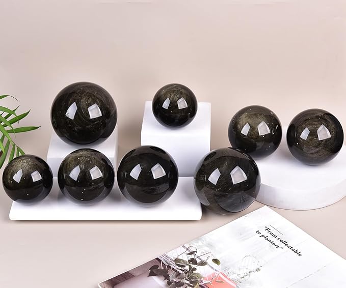 JIC Gem Large Golden Obsidian Crystal Ball with Stand Natural Quartz Crystal Sphere Healing Ornament Witchcraft Meditation Home Decor 3.5-4 inch(90-100mm)