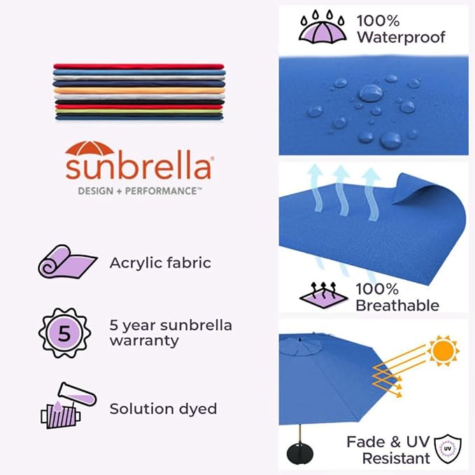 Midtown Umbrellas The Wooden 8 Feet Patio Umbrella With Sunbrella Dark Blue Acrylic Fabric - Aluminum Frame Market Umbrella For Backyard, Deck, Garden, Pool - Wooden Pole