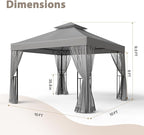 EAGLE PEAK 10x10 Patio Gazebo with Mesh Netting, Double Roof Outdoor Pavilion with Corner Shelves for Lawn, Deck, Garden and Backyard, Gray