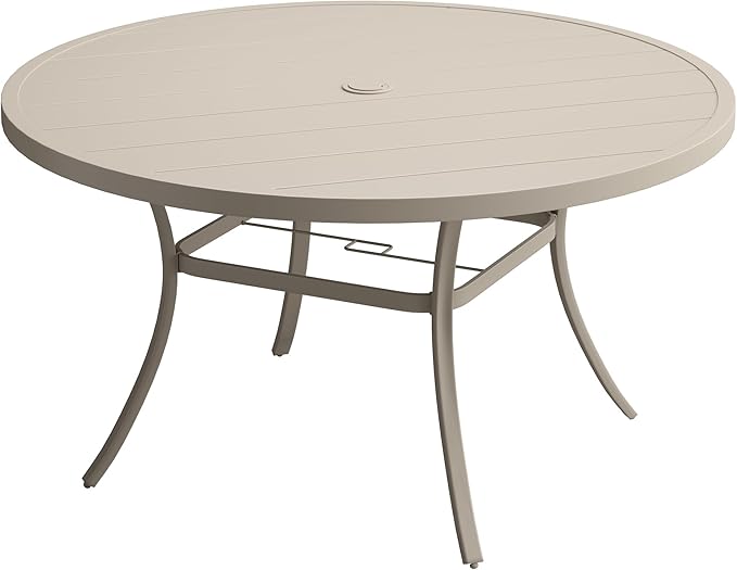 VICLLAX 50" Outdoor Round Patio Dining Table for 4-6, All Weather Metal Dining Table with Umbrella Hole for Deck Lawn Garden Backyard, Sandshell