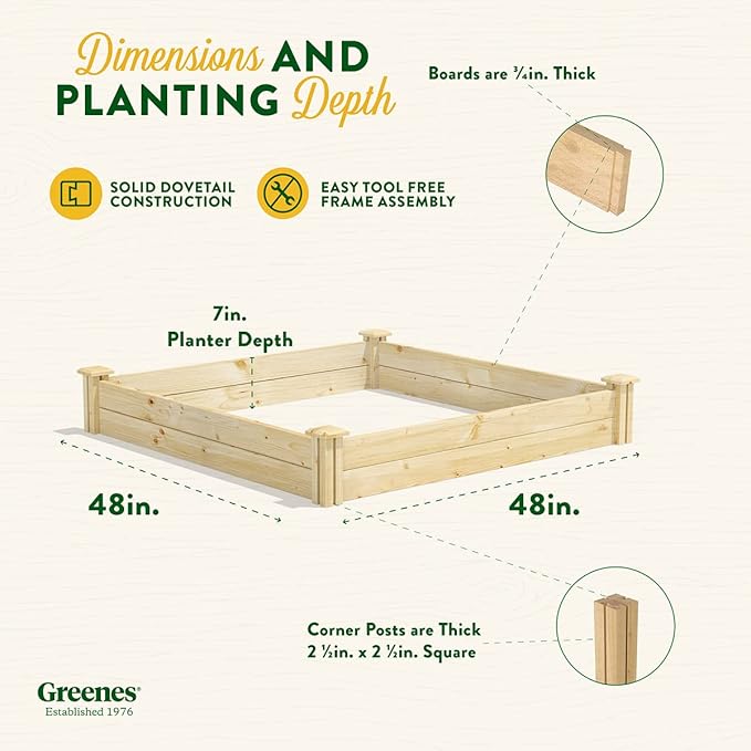 Greenes Fence Original Pine Raised Garden Bed, 4' x 4' x 7" - Made in USA with American Pine