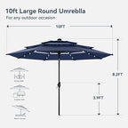 PHI VILLA 10ft Patio Umbrella with Light, Outdoor Large Auto-Tilt 3 Tier Market Table Umbrellas with 8 Sturdy Ribs and 1.5" Pole for Lawn Poolside Garden Terrace,Navy Blue