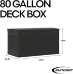 Suncast 80-Gal. Waterproof Resin Large Outdoor Patio Deck Box with Pad-Lockable Lid, Modern Outdoor Patio Bench/Storage Box for Cushions, Garden Tools, and More, Iron Ore