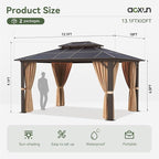 Aoxun 10'x13' Hardtop Gazebo, Aluminum Frame Permanent Pavilion with Curtains and Netting, Outdoor Polycarbonate Gazebo, Double Roof Canopy, for Gardens, Patios, Lawns