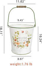 Vintage Welcome to My Garden Metal Planter Bucket with Wooden Handle, Rustic Farmhouse Flower Pot, Decorative Indoor Outdoor Gardening Container for Succulents, Herbs, Home Decor