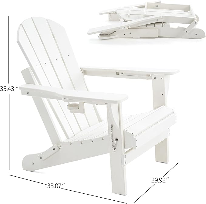 Folding Adirondack Chair, HDPE Outdoor Texture Lawn Chair with Reclining Back, Cup and Phone Holder - Comfortable Firepit Chair Weather Resistant for Patio or Backyard (White, Set of 4)