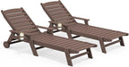 SERWALL Patio Chaise Lounge Chair Set of 2, 78'' Long 5-Positions Adjustable HDPE Outdoor Lounge Chair for Pool, Poly Lounge Chair with Rolling Wheels & Cup Holder for Poolside, Deck, Coffee Brown