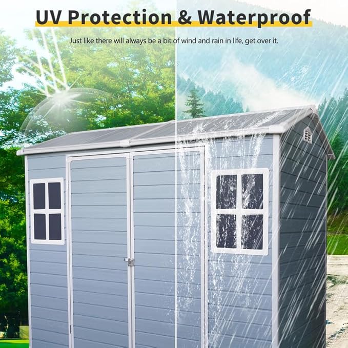 8x4 FT Resin Outdoor Storage Shed with Floor and 2 Windows, Outside Plastic Sheds Storage Clearance w/Lockable Door, Backyard Garden Tool House for Patio, Yard, Lawn, Bike, Gray