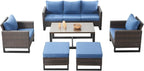 Rilyson Wicker Outdoor Patio Furniture Set - 6 Piece Patio Conversation Set with 2 Armrest Chairs,2 Rattan Ottoman,1 Couch and 1 Metal Side Table for Outside Porch Deck Backyard(Brown/Blue)
