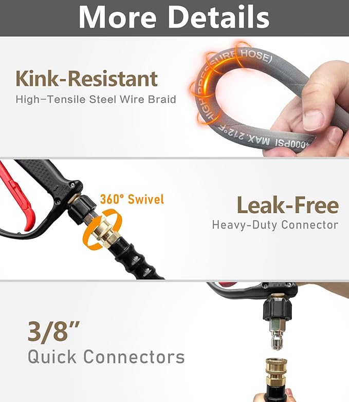 Pressure Washer Hose 75FT 4000 PSI, Kink Resistant Steel Braided Layer & NonMarking Rubber for Hot/Cold Water, High Power Washer Hose With 3/8 Inch Quick Connect & M22 Fitting, Gray