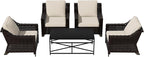 Vista Vibe 5 Pieces Outdoor Rattan Patio Conversation Furniture Set - 4 Wicker Chairs | Steel Coffee Table, Premium & Washable Cushions, Living Room, Poolside (Brown/Beige)