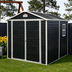 8 x 6 FT Outdoor Storage Shed with Window, Outside Garden Resin Sheds w/Floor and Lockable Doors, Waterproof Plastic Tool House for Backyard, Garden, Patio, Lawn, Bike Accessories, Black