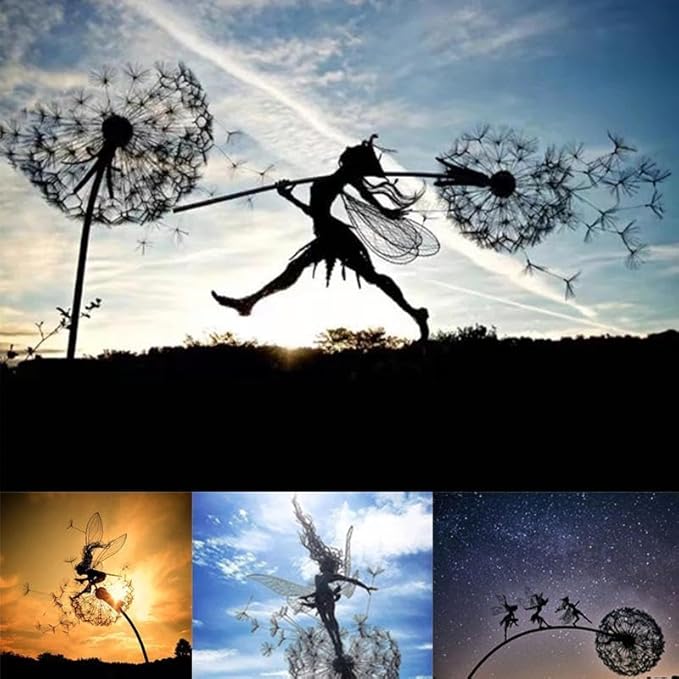 Flower Fairy Dancing with Dandelion Garden Art Sculpture Stainless Steel Statue Christmas Halloween Decoration for Outdoor Yard Courtyard Lawn Patio Metal Ornaments (Wave)