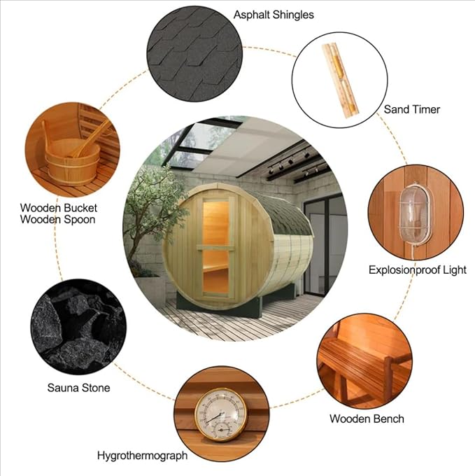 ZONEMEL Outdoor Barrel Sauna Room, Canadian Red Cedar Wood Steam Sauna with 4.5KW ETL TOULE Heater, Sauna Stove, Bitumen Roof, Water Bucket, Rocks,195℉, 220V, Light (Cedar, 3-4 Person)