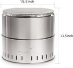 15.5 inch Stainless Steel Smokeless Fire Pit with Grill, Outdoor Smokeless Firepit, Wood Burning Fire Pits for Camping, Bonfire, Low Smoke Firepit for Outside (Vertical Hole)