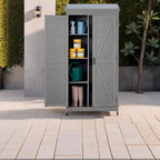 Stylish Grey & Solid Wood Outdoor Storage Shed – Durable Metal Top Vertical Tool Cabinet Ideal for Backyard, Garden, and Patio Organization
