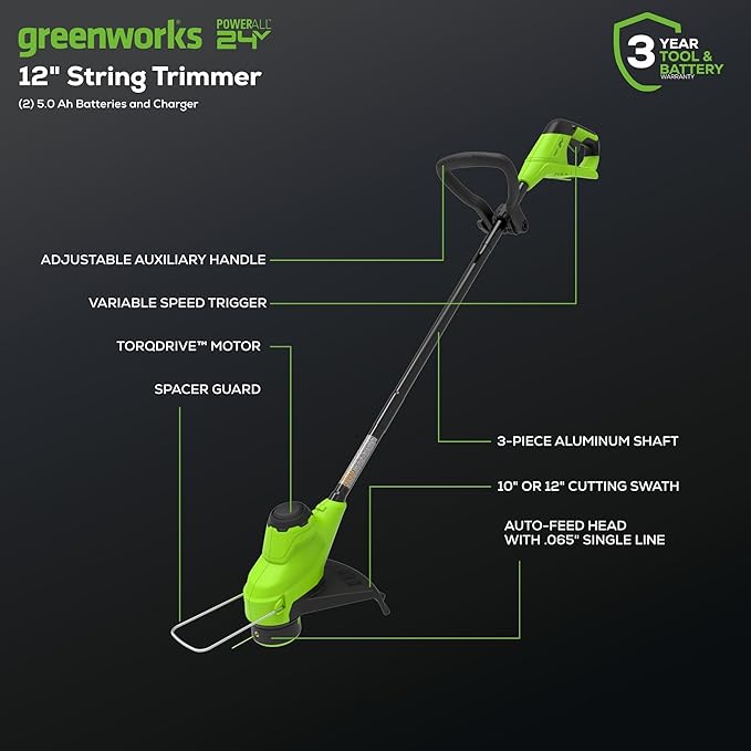 Greenworks 48V (2x24V) Electric Lawn Mower Combo Kit: 21" Self - Propelled Mower, 12" String Trimmer, 320 CFM Blower, and 1/2”Drill & 1/4”Hex Impact Driver, 5 Batteries & 3 Chargers, 3-Year Warranty