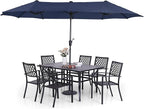Sophia & William Patio Dining Set with 13ft Double-Sided Patio Umbrella, 8 Piece Metal Outdoor Table Furniture Set with 6 Outdoor Stackable Chairs, 1 Rectangle Dining Table and 1 Large Navy Umbrella