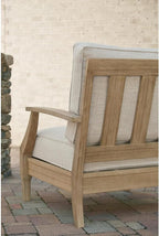 Signature Design by Ashley Clare View Outdoor Eucalyptus Wood Lounge Chair – Cushioned with Nuvella Fabric, 5-Step Protective Finish , Beige
