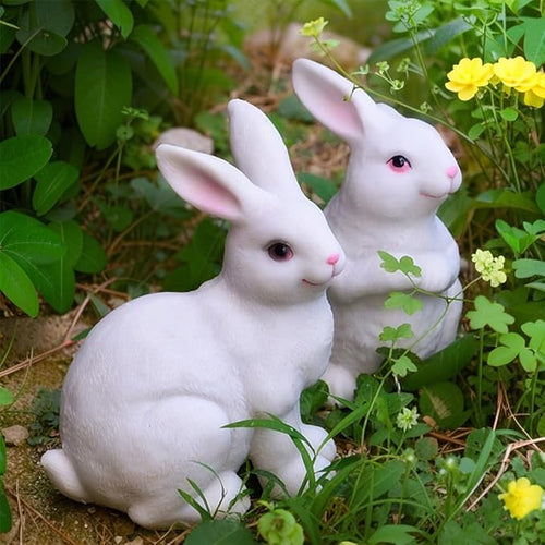 1 Pair Garden Statues Bunny Decor Resin Rabbit Figurine Cute Fairy Garden Decor Outdoor Statues for Patio Yard Porch Balcony Gifts for Women Mom Grandma White