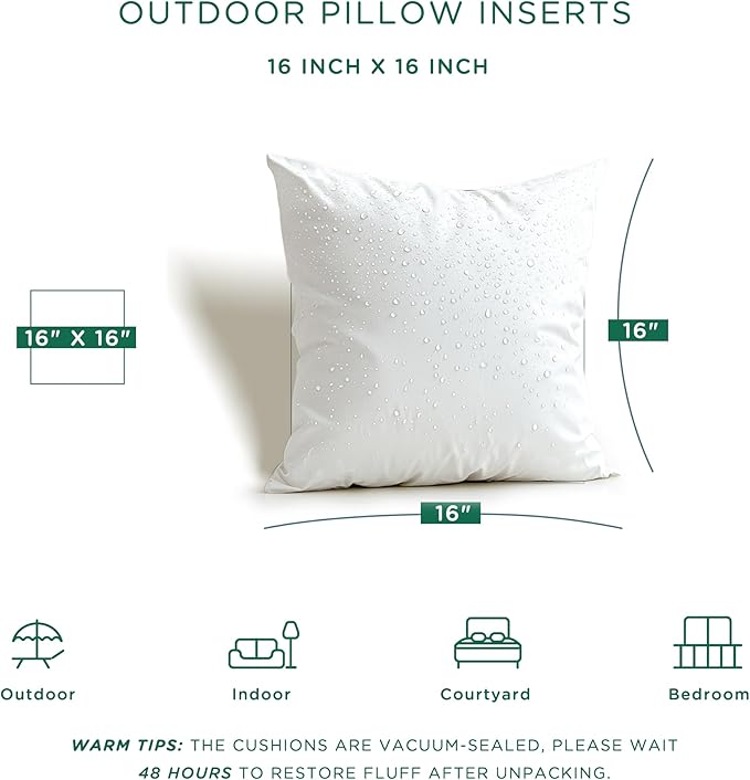 Codi Outdoor Pillow Inserts 16x16 Set of 2, Comfy Throw Pillows Waterproof for Patio Furniture