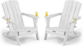 Folding Adirondack Chair Wood Texture 2 Pack, HDPE All-Weather Fire Pit Chairs, Plastic Adirondack Chairs with 2 Cup Holder, Outdoor Lawn Chair for Patio Garden (White)