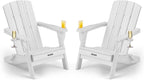 Folding Adirondack Chair Wood Texture 2 Pack, HDPE All-Weather Fire Pit Chairs, Plastic Adirondack Chairs with 2 Cup Holder, Outdoor Lawn Chair for Patio Garden (White)