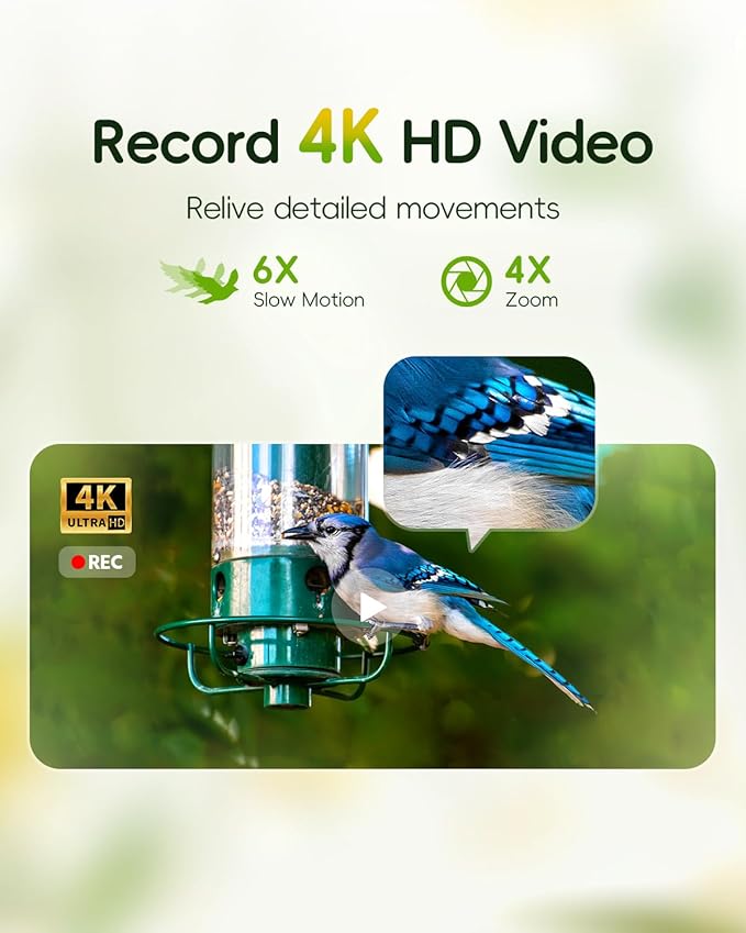 Hibird 4K HD Smart Bird Feeder Camera Solar Powered, 2.4G/5G Dual WiFi Wireless Outdoor, 6X Slow Motion Auto Bird Video Capture, Instant Notifications, AI Identify 10000+ Species for Everyone