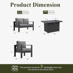LayinSun 4 Piece Aluminum Outdoor Furniture Set with Fire Pit Table, Outside Patio Deep Seating Conversation Set with Upgraded Washable Thick Cushion