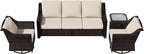 Vista Vibe 4 Pieces Outdoor Patio Conversation Furniture Set - 78" 3-Seat Sofa | 2 Swivel Glider Rocker Chairs | Wicker End Table, Rattan Loveseat, Upholstered Couch, Garden, Deck (Brown/Beige)