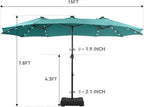 GREEN PARTY 15 ft Rectangle Patio Umbrella with Solar Lights and Base Included, Double-Sided Market Table Umbrella with Crank, Large Outdoor Umbrellas for Patio Poolside Garden Backyard, Turquoise