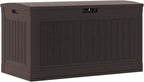 Suncast 80-Gal. Waterproof Resin Large Outdoor Patio Deck Box with Pad-Lockable Lid, Modern Outdoor Patio Bench/Storage Box for Cushions, Garden Tools, and More, Java
