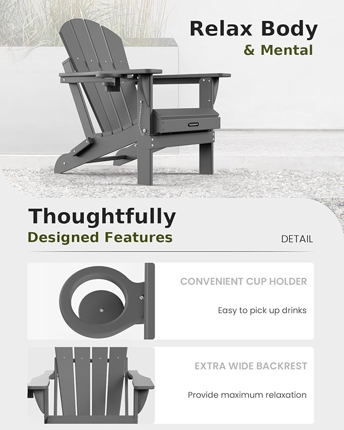 MUCHENGHY Folding Adirondack Chairs Set of 2 HDPE Weather Resistant, Patio Firepit Chairs, Sturdy Outside Chairs, Lawn Chairs, 15min Assembly 380lb Grey