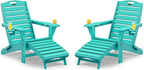 Folding Adirondack Chairs Set of 2,Adirondack Chair with Retractable Ottoman,Plastic Adirondack Chairs with 2 Cup Holder,Weather Resistant Patio Chair,Outdoor Chairs Set of 2(Lake Blue)