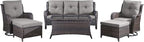 Wicker Outdoor Conversation Set-6 Pieces Outdoor Wicker High Back Couch with Swivel Rocker Chairs Patio Furniture for Deck Poolside Backyard-Brown/Grey