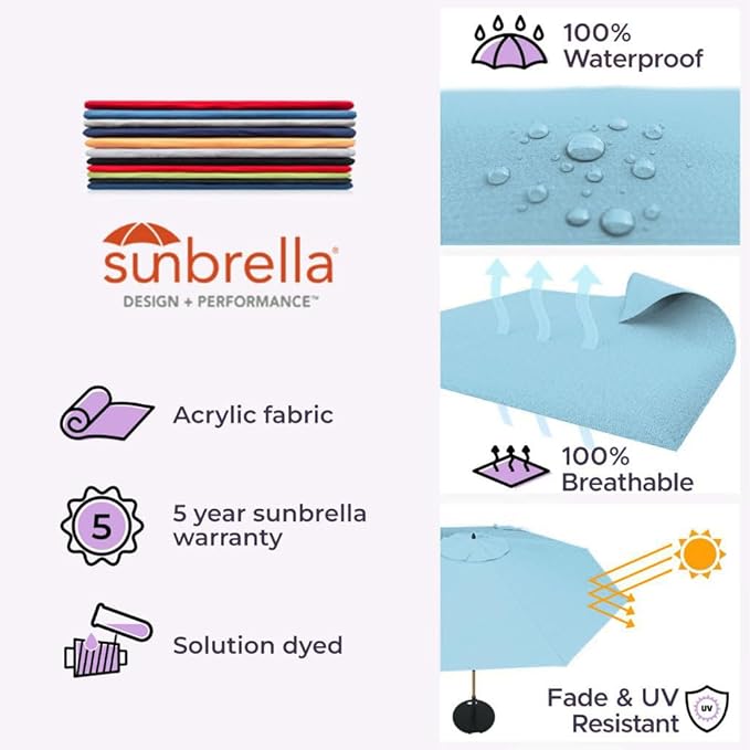 Midtown Umbrellas The Wooden 9 Feet Patio Umbrella With Sunbrella Capri Acrylic Fabric - Aluminum Frame Market Umbrella For Backyard, Deck, Garden, Pool - Wooden Pole