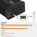 ALLWEI 300W Power Inverter 12V DC to 110V AC Car Plug Adapter Outlet Converter with 65W PD USB-C &18W USB-A Fast Charger, Car Cigarette Lighter Adapter for Laptop Tablets Phones - Portable - Black