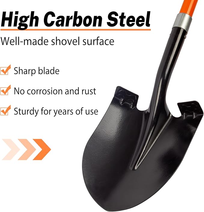 VNIMTI Heavy Duty Gardening Shovel, 56 Inch Round Blade with Fiberglass Handle (Orange)