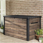Stylish Indoor/Outdoor Storage Deck Box,Resin,Large Capacity, Weather-Resistant, Lockable lid and Side handles. (Rust Wood Brown, 230 Gallon)