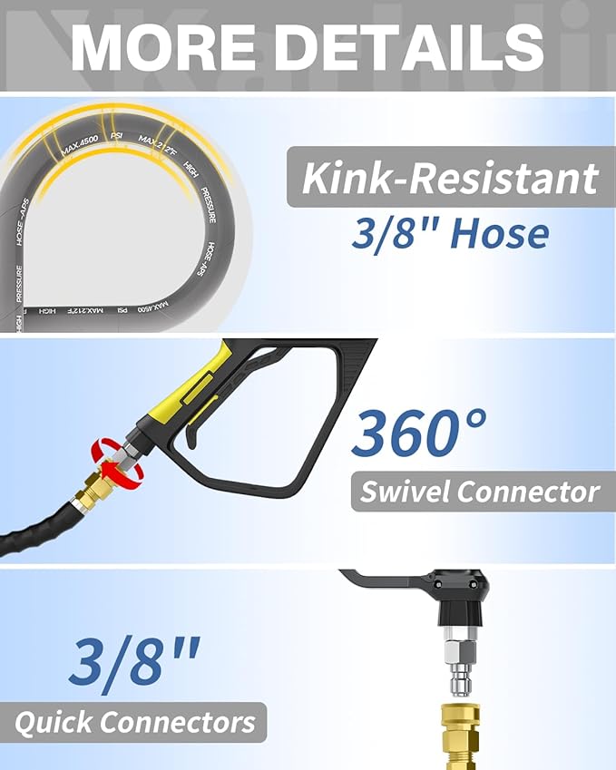 Pressure Washer Hose 125FT 3/8" for Cold and Hot Water 212°F, with Swivel Quick Connect, 4500PSI Kink Resistant Grade Steel Wire Braided, Power Washer Hose With 2pcs M22-14mm Adapter