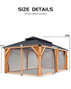 GAOMON Hardtop Spruce Wood Gazebo 12'x20', with Double Roof of Metal Sheets, 4.7'' Heavy Duty Poles, Gray Net, and Curtain, Permanent Building for Patio, Deck, Backyard, Lawn, and Garden, Khaki
