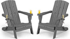 Folding Adirondack Chair Wood Texture 2 Pack, HDPE All-Weather Fire Pit Chairs, Plastic Adirondack Chairs with 2 Cup Holder, Outdoor Lawn Chair for Patio Garden (Grey)