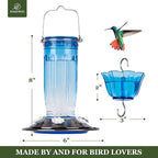 Kingsyard 2 Pack Glass Hummingbird Feeder for Outdoors, 16 Oz Wild Bird Feeder with 6 Feeding Ports Hanging for Garden Yard, Blue (Ant Moat Included)
